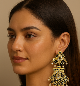 Royal Black & Gold Kundan Chandbali Earrings