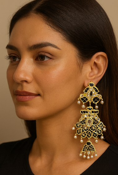 Royal Black & Gold Kundan Chandbali Earrings