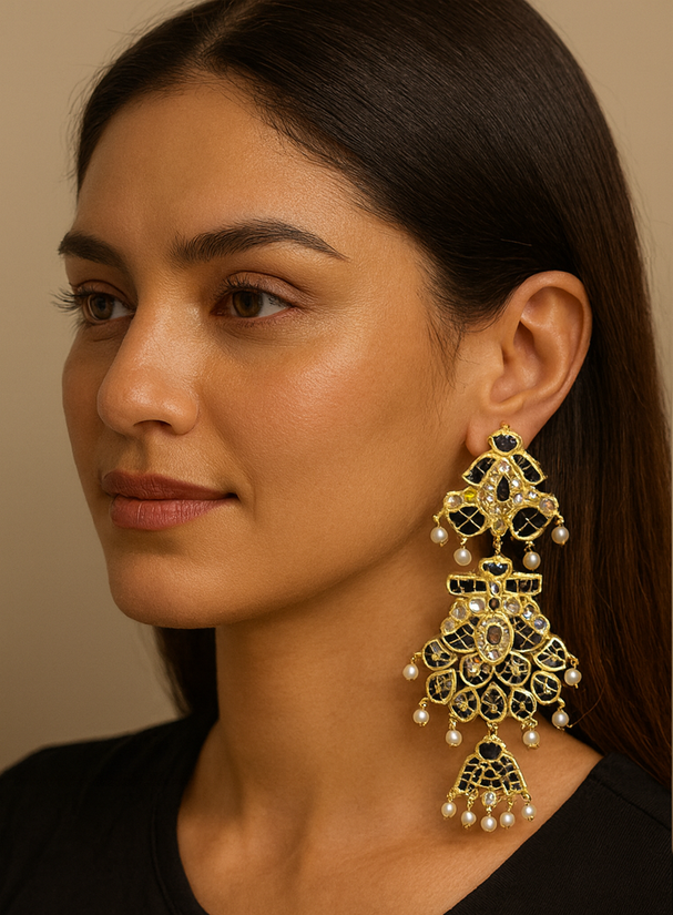 Royal Black & Gold Kundan Chandbali Earrings