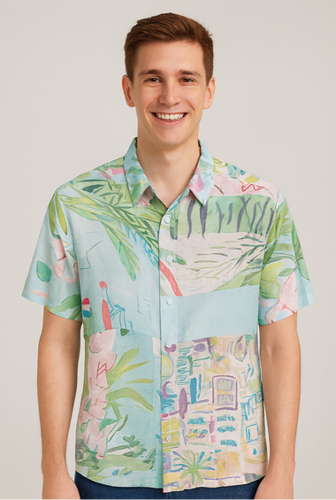 Pastel Tropical Print Short-Sleeve Shirt