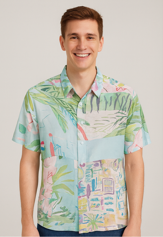 Pastel Tropical Print Short-Sleeve Shirt