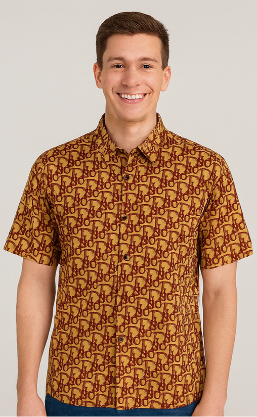 Brown & Red Monogram Pattern Short-Sleeve Shirt