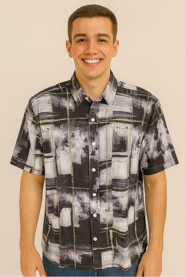 Abstract Plaid Print Short-Sleeve Shirt