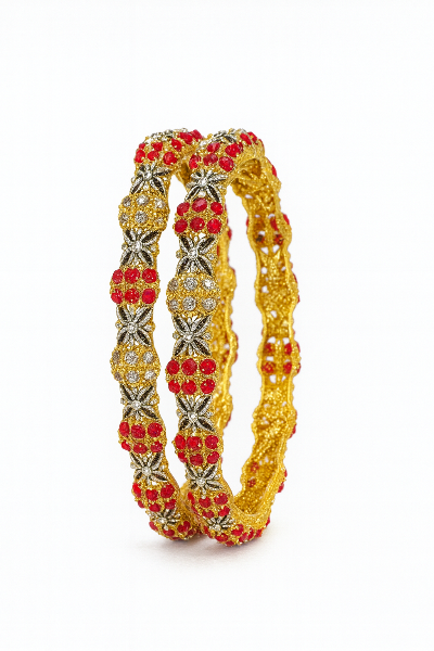 Royal Red Stone & Diamond Floral Bangles