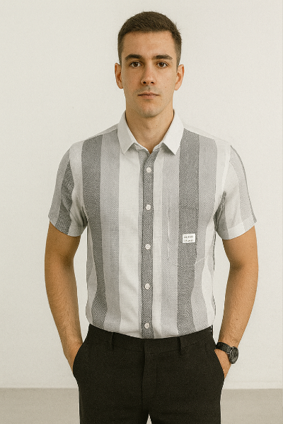 Gray Striped Half-Sleeve Shirt
