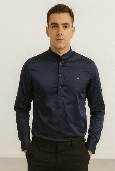 Navy Blue Mandarin Collar Shirt