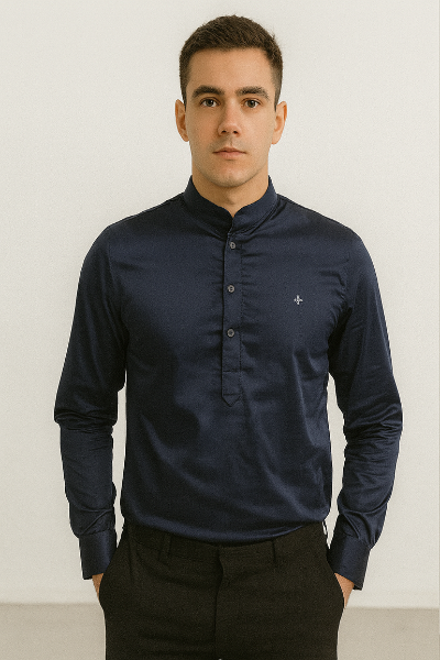 Navy Blue Mandarin Collar Shirt