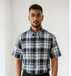 Black &amp; White Checked Down-Shoulder Shirt
