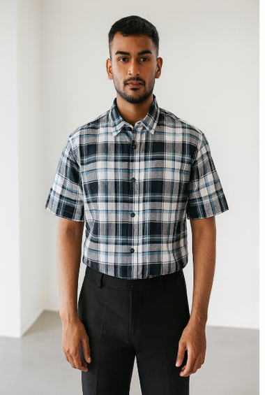Black &amp; White Checked Down-Shoulder Shirt