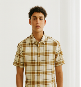Beige &amp; Brown Checked Down-Shoulder Shirt