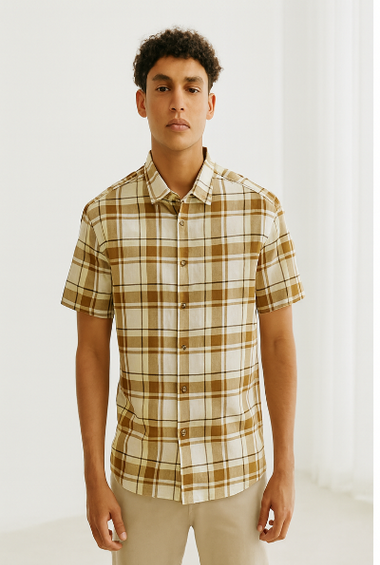 Beige &amp; Brown Checked Down-Shoulder Shirt