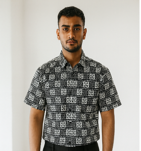 Geometric Black &amp; White Down-Shoulder Shirt