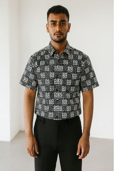 Geometric Black &amp; White Down-Shoulder Shirt