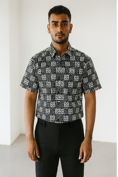 Geometric Black & White Down-Shoulder Shirt