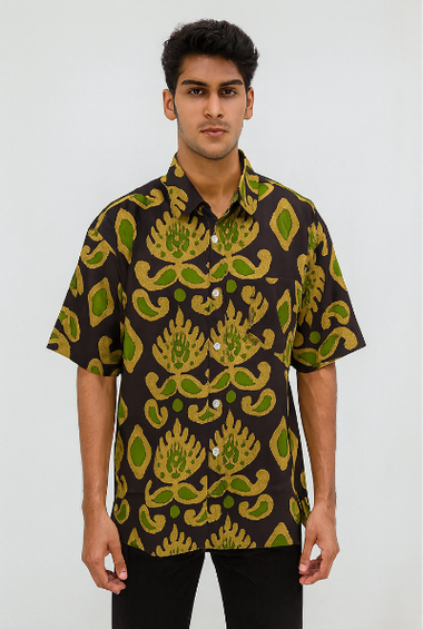 Ethnic Green Pattern Down-Shoulder Shirt