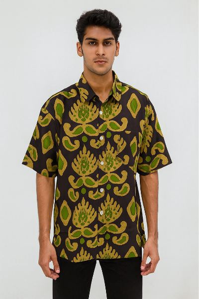 Ethnic Green Pattern Down-Shoulder Shirt