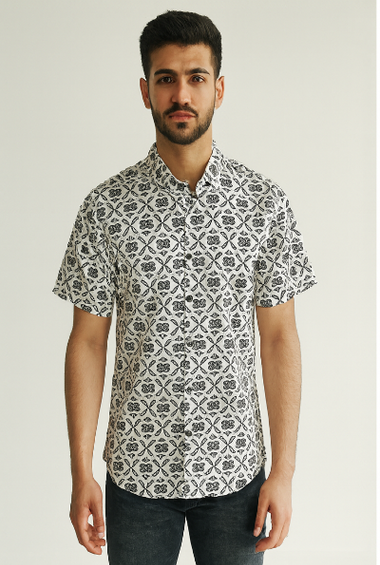 White &amp; Black Floral Pattern Down-Shoulder Shirt