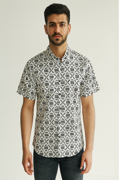 White & Black Floral Pattern Down-Shoulder Shirt
