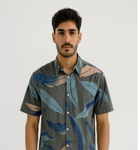 Green Leaf Print Down-Shoulder Shirt