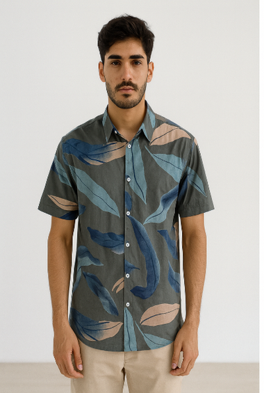 Green Leaf Print Down-Shoulder Shirt