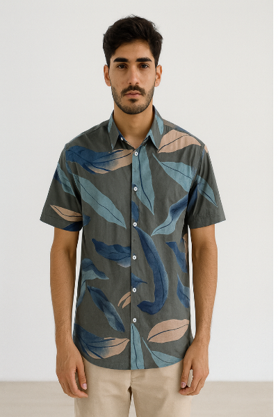 Green Leaf Print Down-Shoulder Shirt