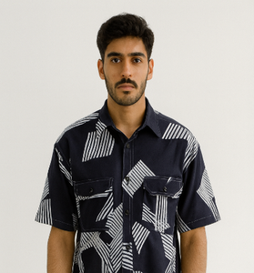 Abstract Navy Down-Shoulder Shirt