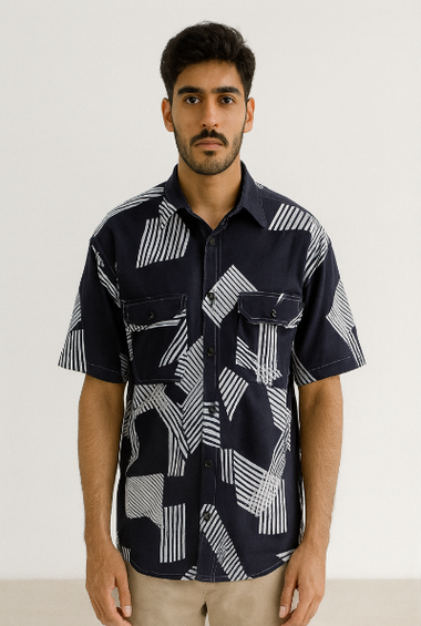 Abstract Navy Down-Shoulder Shirt