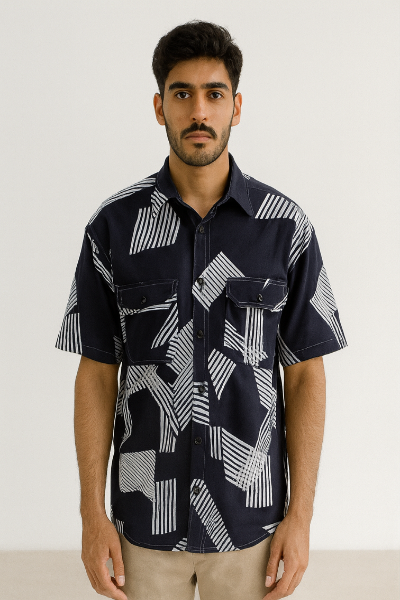 Abstract Navy Down-Shoulder Shirt