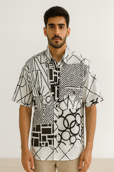 Abstract Geometric Down-Shoulder Shirt