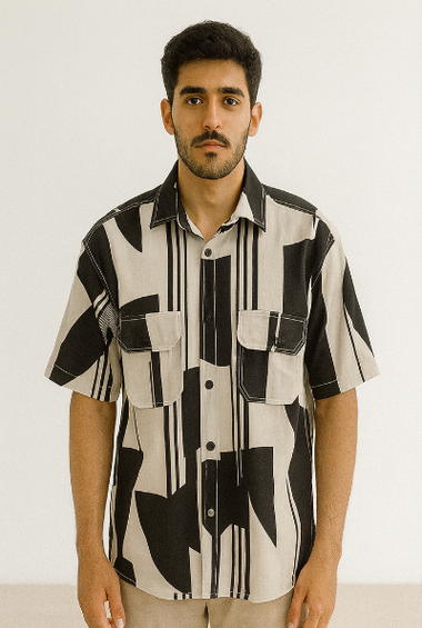 Monochrome Block Print Down-Shoulder Shirt