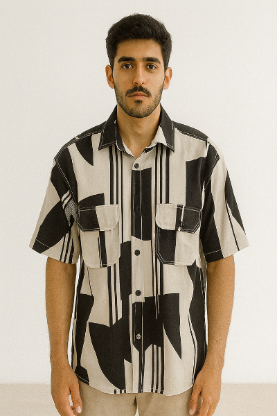 Monochrome Block Print Down-Shoulder Shirt