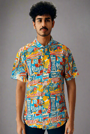 Colorful Pop-Art Down-Shoulder Shirt