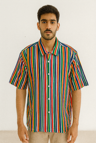 Rainbow Striped Down-Shoulder Shirt