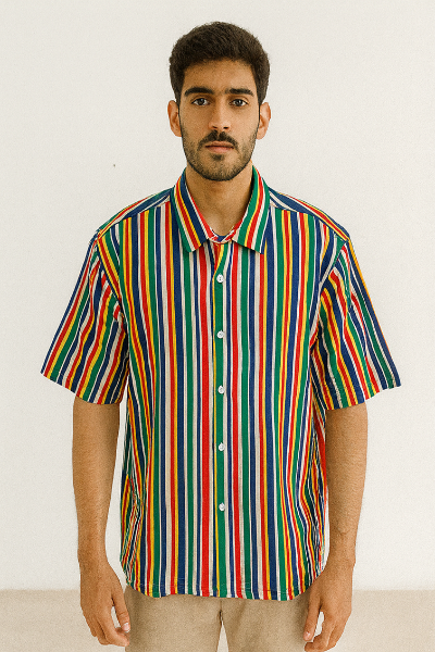 Rainbow Striped Down-Shoulder Shirt