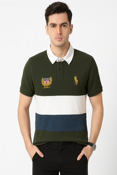 Olive Green &amp; White Color-Block Polo