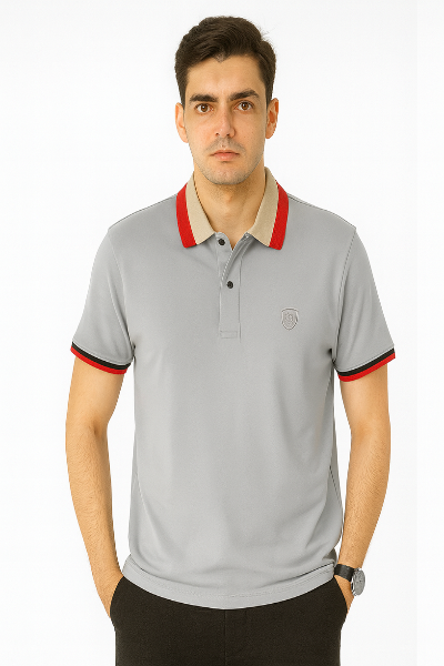 Grey Polo T-Shirt with Red & Beige Collar