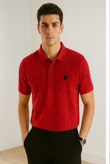 Red Embossed Pattern Polo T-Shirt