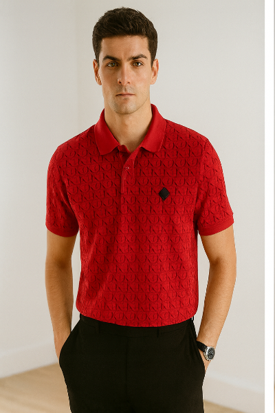 Red Embossed Pattern Polo T-Shirt