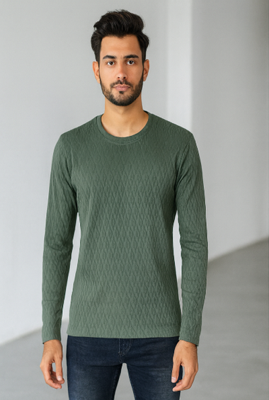 Olive Green Textured Knit Sweatshirt