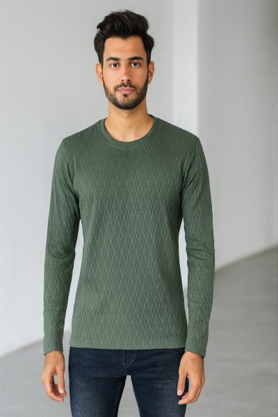 Olive Green Textured Knit Sweatshirt
