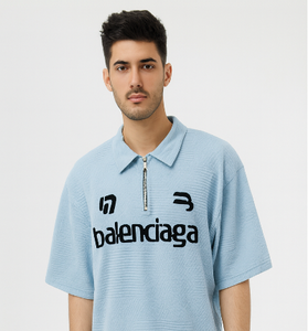 Light Blue Balenciaga Half-Zip Polo T-Shirt