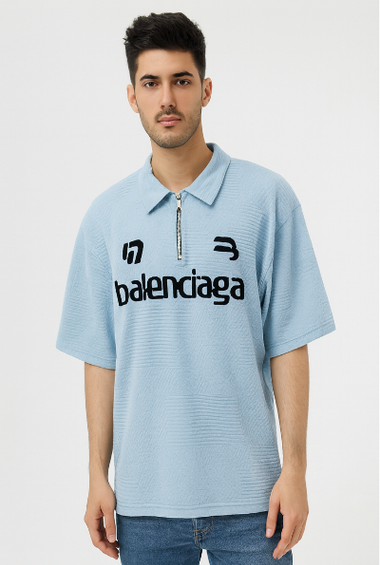 Light Blue Balenciaga Half-Zip Polo T-Shirt