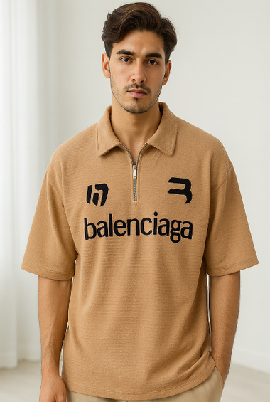 Camel Brown Balenciaga Half-Zip Polo T-Shirt
