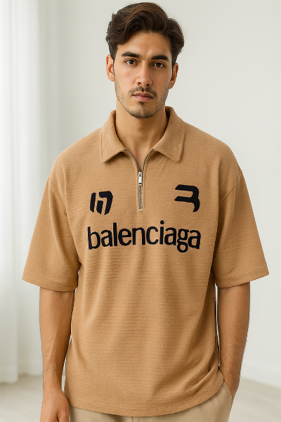 Camel Brown Balenciaga Half-Zip Polo T-Shirt