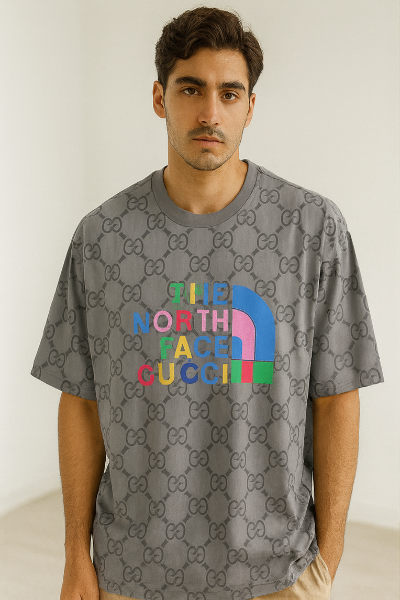 Grey Gucci x North Face Logo T-Shirt