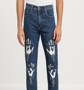 Blue Denim Jeans with White Handprint Design
