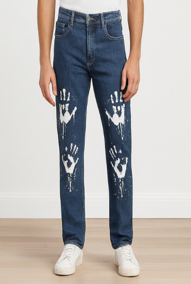 Blue Denim Jeans with White Handprint Design