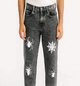 Black Washed Jeans with Spider &amp; Web Print