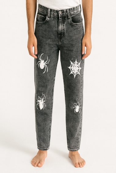 Black Washed Jeans with Spider &amp; Web Print