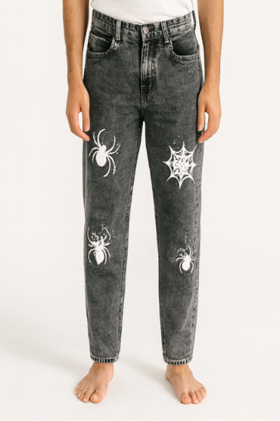 Black Washed Jeans with Spider & Web Print